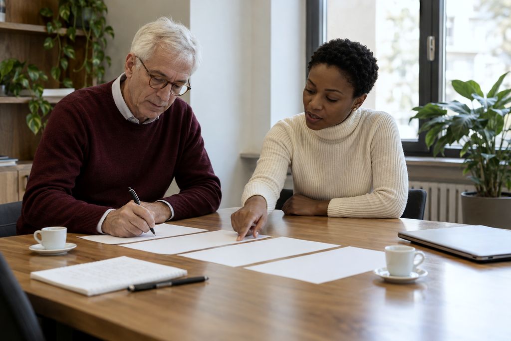 A trainer and a company's head of training plan a programme at a wooden table