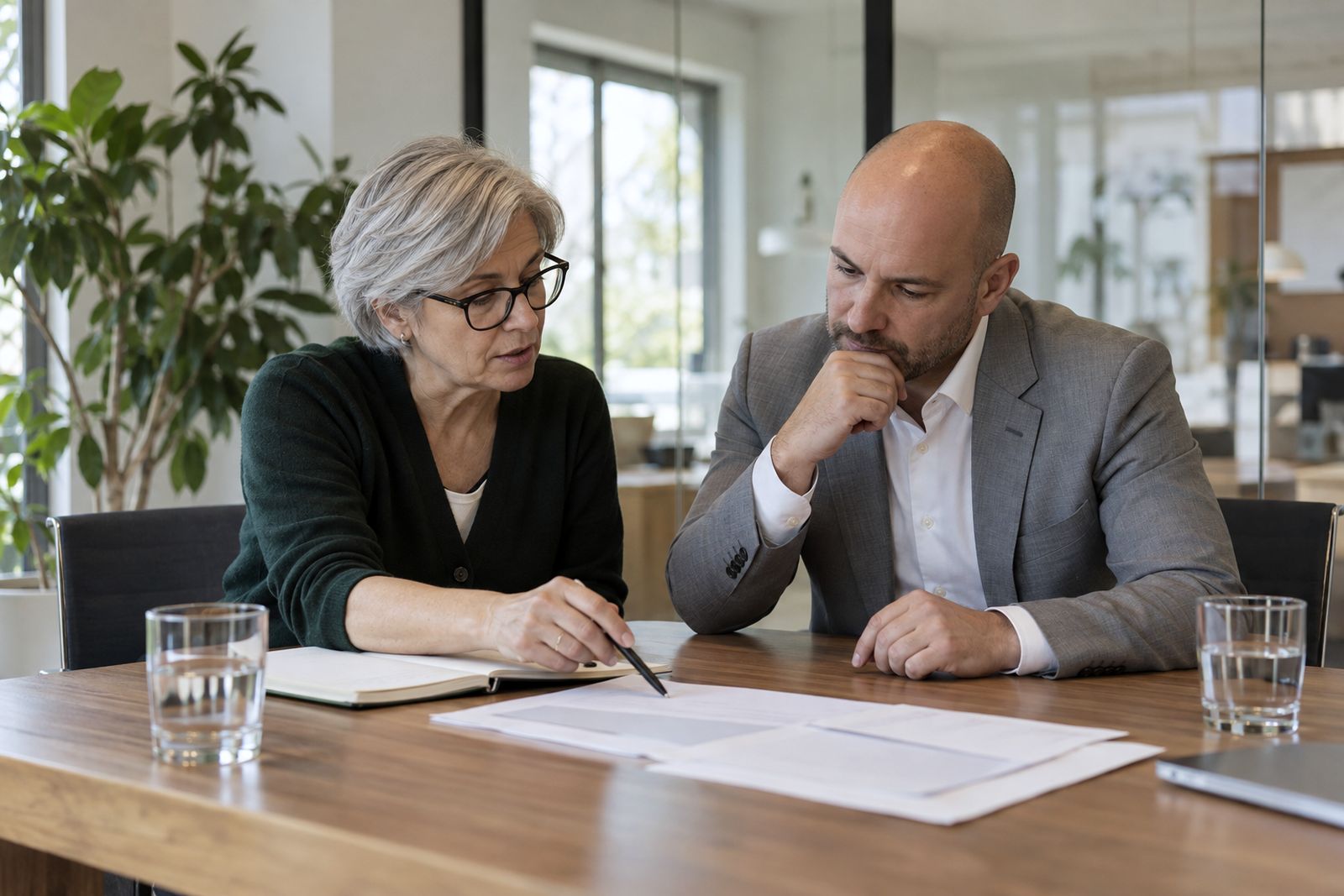 Una formatrice e il responsabile del personale di un'azienda cliente leggono insieme alcuni fogli in una sala riunioni.
