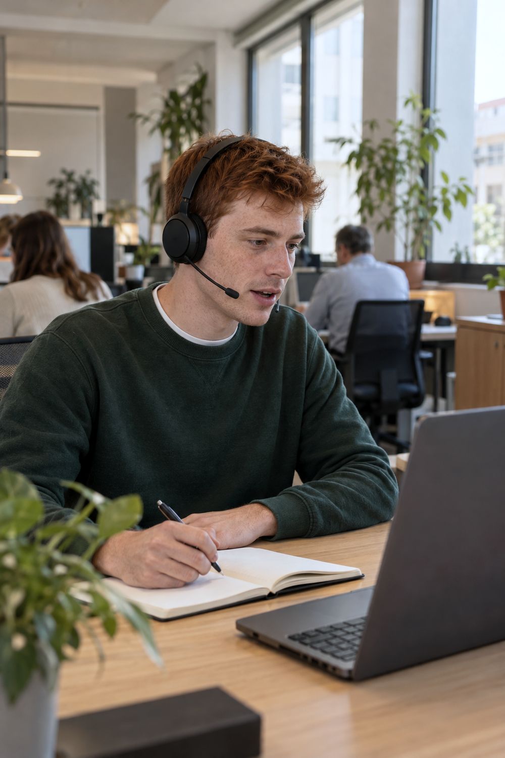 A young professional practises out loud at his desk, wearing a headset with a microphone, in front of his laptop.