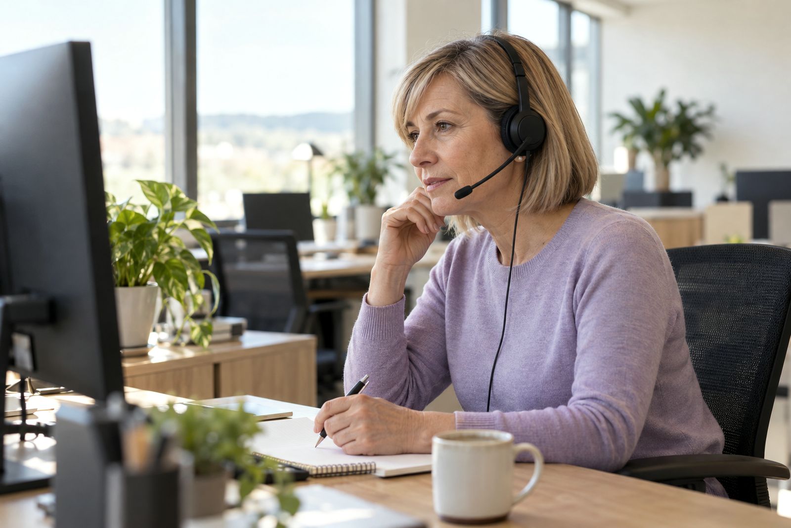 Un'operatrice del customer care, con cuffie e microfono, ascolta con calma e attenzione all'inizio di una telefonata, in una postazione luminosa.