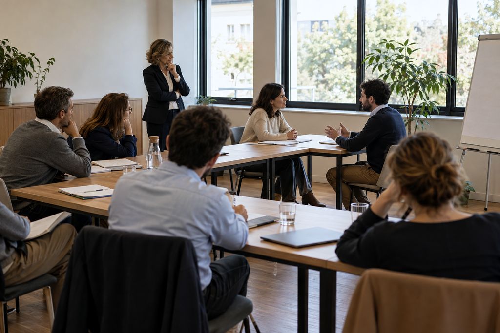 In un'aula di formazione la formatrice osserva due partecipanti che provano una conversazione di lavoro.