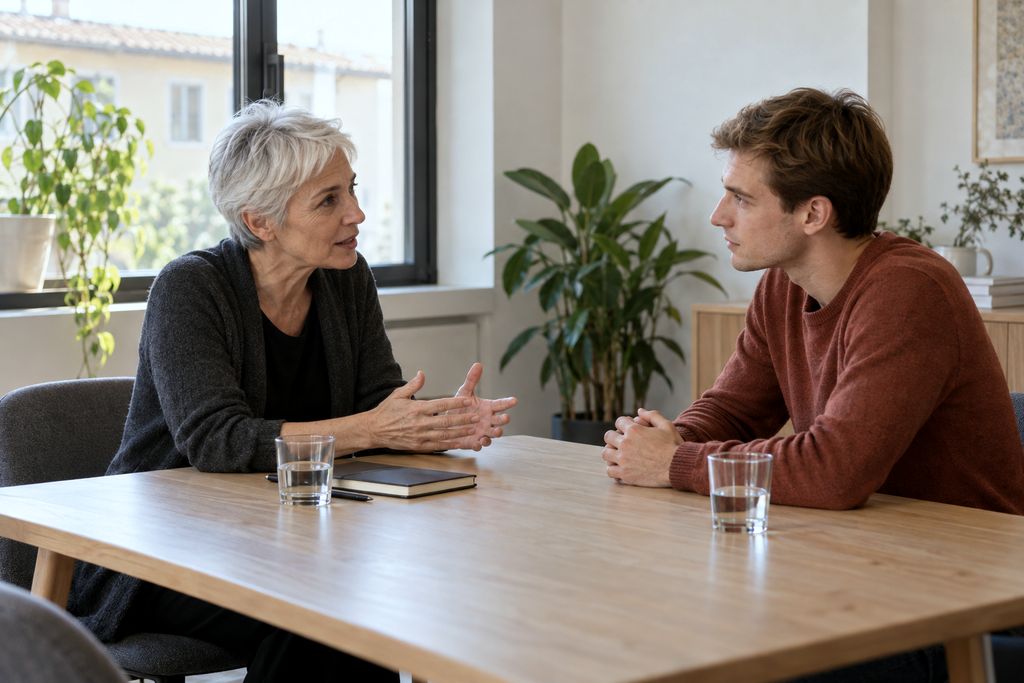 In una saletta luminosa una responsabile parla con un giovane collaboratore che la ascolta, seduti allo stesso tavolo.