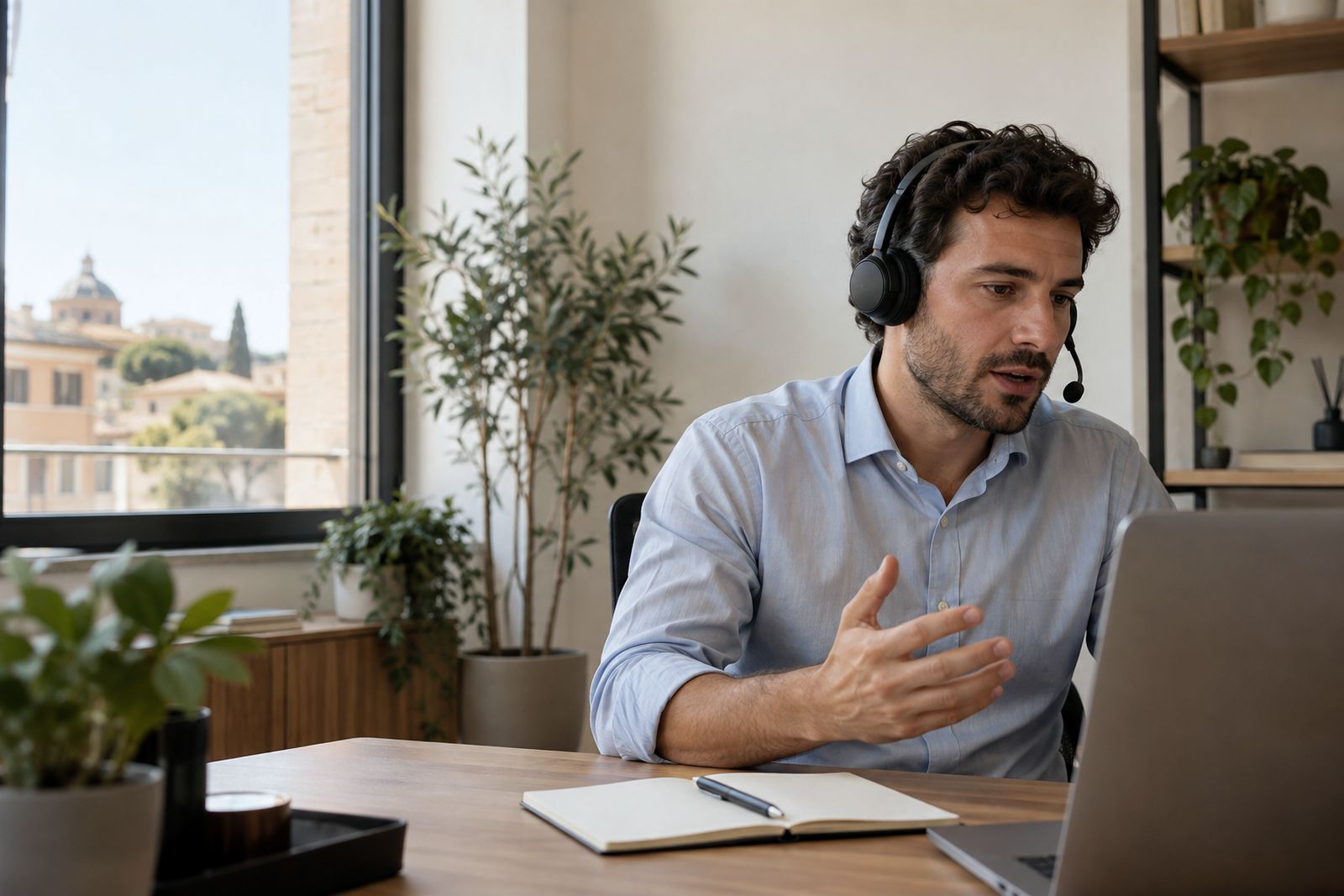 A professional wearing a headset with a microphone speaks at his desk by the window, a notebook in front of him.