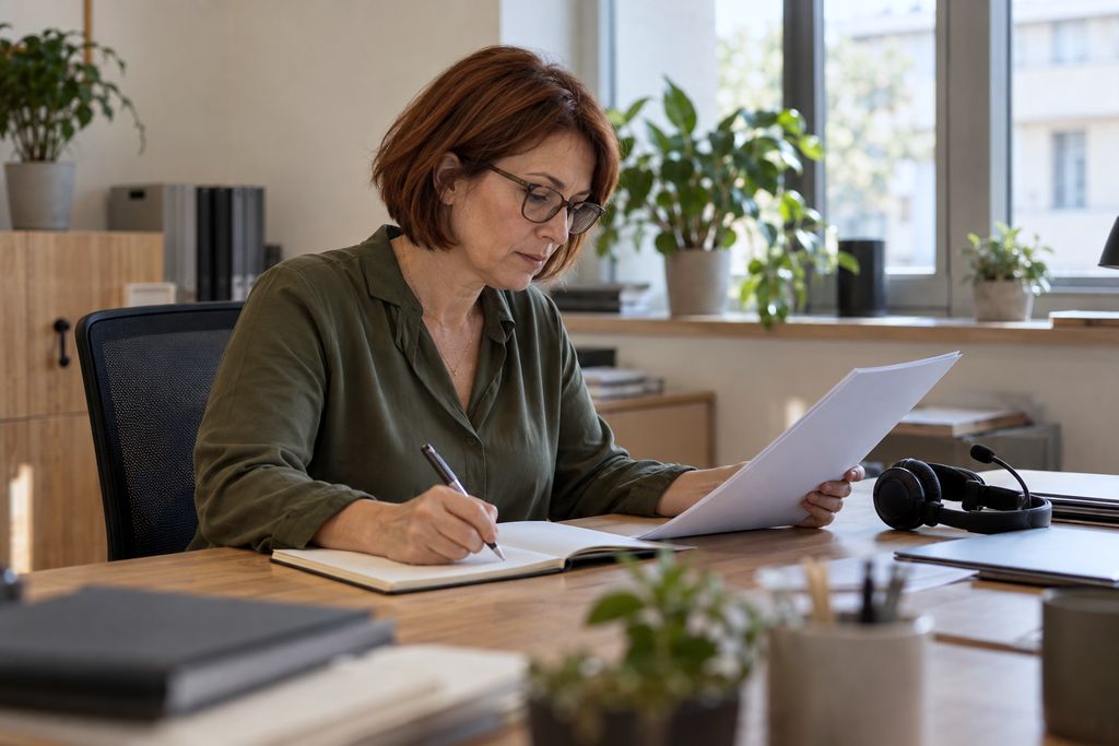 A participant rereads the course handout at her desk and makes a note, a headset beside her.